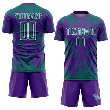 Custom Purple Teal-White Splatter Torn Sharp Brush Stroke Sublimation Soccer Uniform Jersey