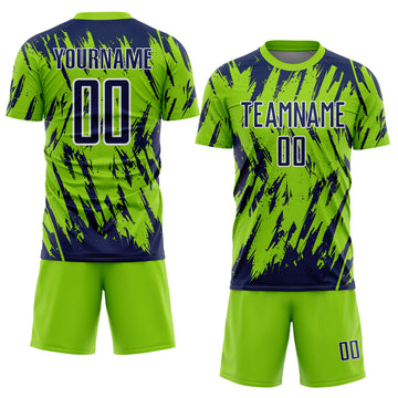 Custom Neon Green Navy-White Splatter Torn Sharp Brush Stroke Sublimation Soccer Uniform Jersey