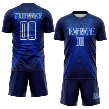 Custom Navy Thunder Blue-White Brasil Geometric Chevron Sublimation Soccer Uniform Jersey