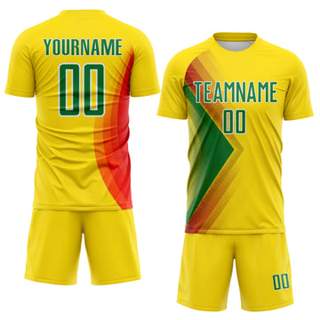 Custom Light Yellow Kelly Green Red-White Brasil Abstract Geometric Sublimation Soccer Uniform Jersey