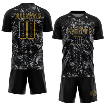 Custom Black Gray-Old Gold Brasil Tropical Palm Leaves Sublimation Soccer Uniform Jersey