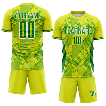 Custom Neon Yellow Grass Green-White Brasil Digital Lines Sublimation Soccer Uniform Jersey