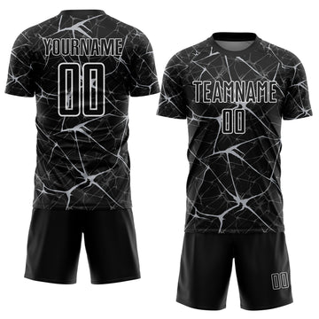 Custom Black Gray-White Abstract Network Crackle Sublimation Soccer Uniform Jersey