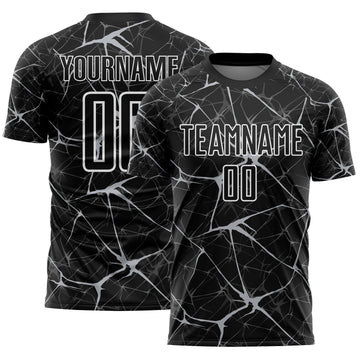 Custom Black Gray-White Abstract Network Crackle Sublimation Soccer Uniform Jersey
