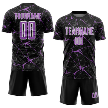 Custom Black Medium Purple-White Abstract Network Crackle Sublimation Soccer Uniform Jersey