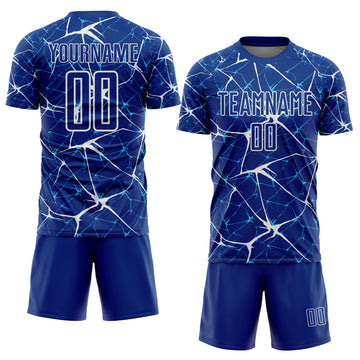 Custom Royal-White Abstract Network Crackle Sublimation Soccer Uniform Jersey