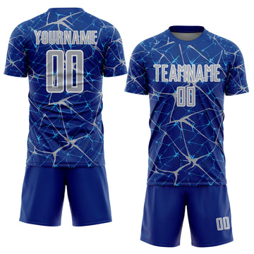 Custom Royal Gray-White Abstract Network Crackle Sublimation Soccer Uniform Jersey