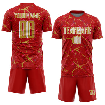 Custom Red Old Gold-White Abstract Network Crackle Sublimation Soccer Uniform Jersey