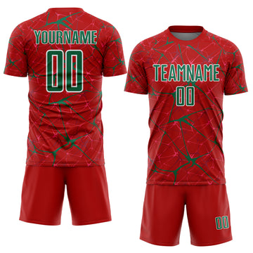 Custom Red Kelly Green-White Abstract Network Crackle Sublimation Soccer Uniform Jersey