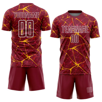 Custom Crimson Gold-White Abstract Network Crackle Sublimation Soccer Uniform Jersey