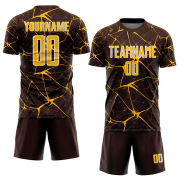 Custom Brown Gold-White Abstract Network Crackle Sublimation Soccer Uniform Jersey
