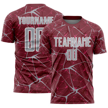 Custom Burgundy Gray-White Abstract Network Crackle Sublimation Soccer Uniform Jersey