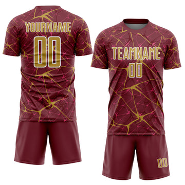 Custom Burgundy Old Gold-White Abstract Network Crackle Sublimation Soccer Uniform Jersey