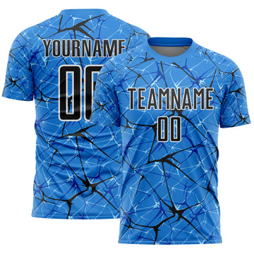 Custom Powder Blue Black-White Abstract Network Crackle Sublimation Soccer Uniform Jersey