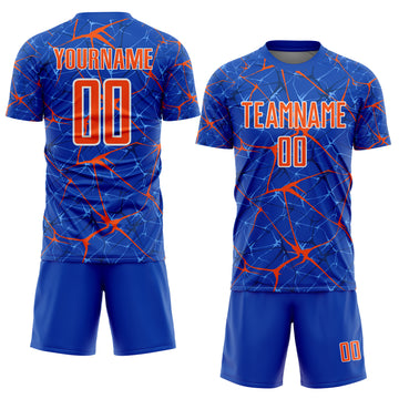 Custom Thunder Blue Orange-White Abstract Network Crackle Sublimation Soccer Uniform Jersey