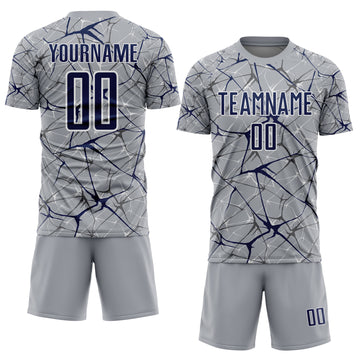 Custom Gray Navy-White Abstract Network Crackle Sublimation Soccer Uniform Jersey