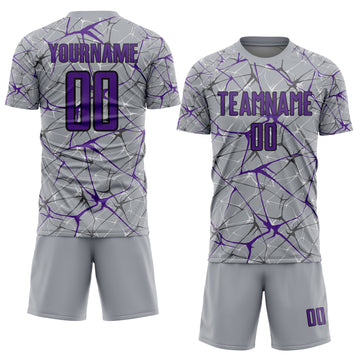 Custom Gray Purple-Black Abstract Network Crackle Sublimation Soccer Uniform Jersey
