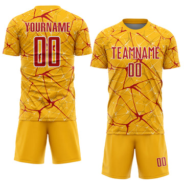 Custom Gold Red-White Abstract Network Crackle Sublimation Soccer Uniform Jersey