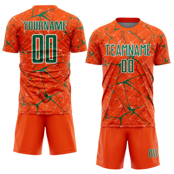 Custom Orange Kelly Green-White Abstract Network Crackle Sublimation Soccer Uniform Jersey