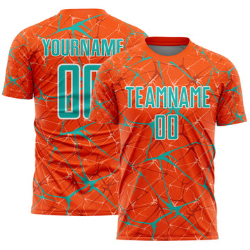 Custom Orange Aqua-White Abstract Network Crackle Sublimation Soccer Uniform Jersey