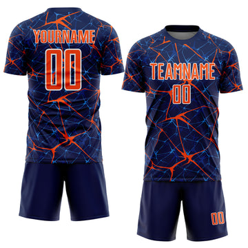 Custom Navy Orange-White Abstract Network Crackle Sublimation Soccer Uniform Jersey