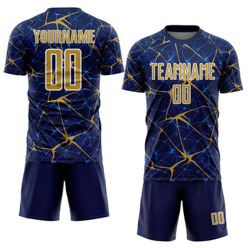 Custom Navy Old Gold-White Abstract Network Crackle Sublimation Soccer Uniform Jersey