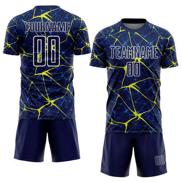 Custom Navy Neon Yellow-White Abstract Network Crackle Sublimation Soccer Uniform Jersey
