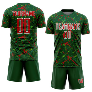 Custom Green Red-White Abstract Network Crackle Sublimation Soccer Uniform Jersey