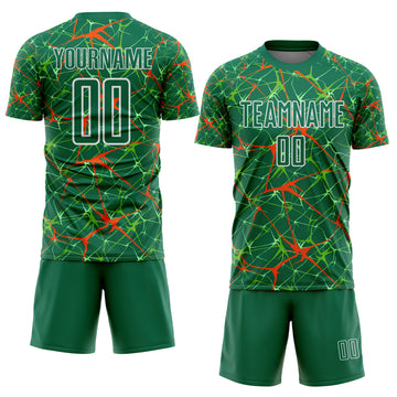 Custom Kelly Green Orange-White Abstract Network Crackle Sublimation Soccer Uniform Jersey