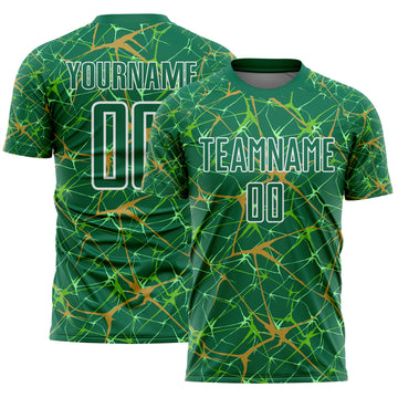 Custom Kelly Green Old Gold-White Abstract Network Crackle Sublimation Soccer Uniform Jersey