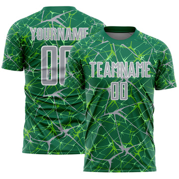 Custom Kelly Green Gray-White Abstract Network Crackle Sublimation Soccer Uniform Jersey