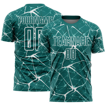 Custom Teal-White Abstract Network Crackle Sublimation Soccer Uniform Jersey