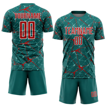 Custom Teal Red-White Abstract Network Crackle Sublimation Soccer Uniform Jersey