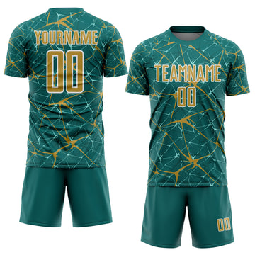 Custom Teal Old Gold-White Abstract Network Crackle Sublimation Soccer Uniform Jersey