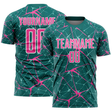 Custom Teal Pink-White Abstract Network Crackle Sublimation Soccer Uniform Jersey