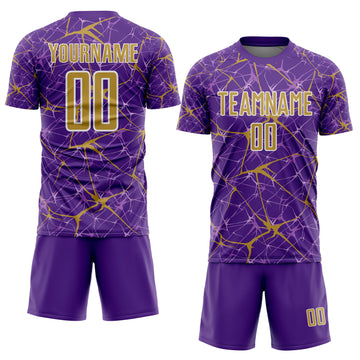 Custom Purple Old Gold-White Abstract Network Crackle Sublimation Soccer Uniform Jersey
