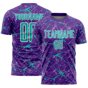 Custom Purple Aqua-White Abstract Network Crackle Sublimation Soccer Uniform Jersey