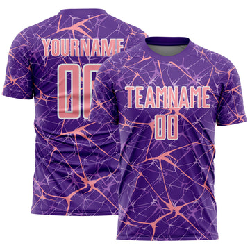 Custom Purple Medium Pink-White Abstract Network Crackle Sublimation Soccer Uniform Jersey
