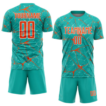 Custom Aqua Orange-White Abstract Network Crackle Sublimation Soccer Uniform Jersey