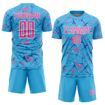 Custom Sky Blue Pink-White Abstract Network Crackle Sublimation Soccer Uniform Jersey