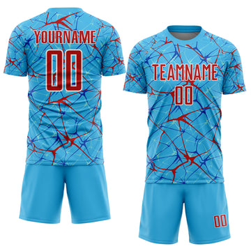 Custom Sky Blue Red-White Abstract Network Crackle Sublimation Soccer Uniform Jersey