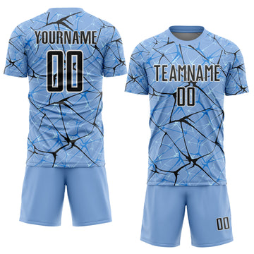 Custom Light Blue Black-White Abstract Network Crackle Sublimation Soccer Uniform Jersey