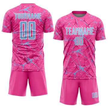 Custom Pink Light Blue-White Abstract Network Crackle Sublimation Soccer Uniform Jersey