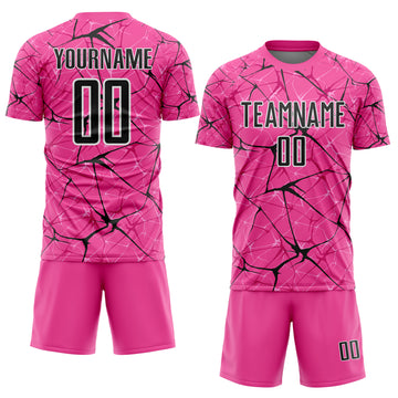 Custom Pink Black-White Abstract Network Crackle Sublimation Soccer Uniform Jersey