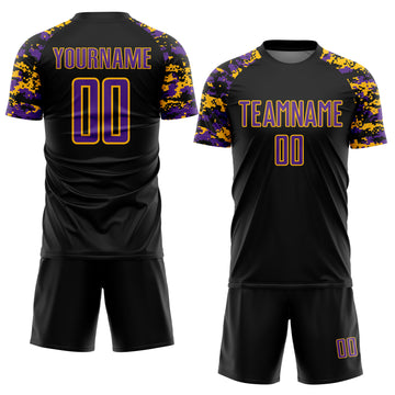 Custom Black Purple-Gold Digital Camo Raglan Sleeves Sublimation Soccer Uniform Jersey
