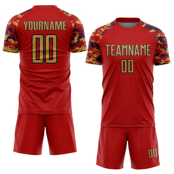 Custom Red Old Gold-Navy Digital Camo Raglan Sleeves Sublimation Soccer Uniform Jersey