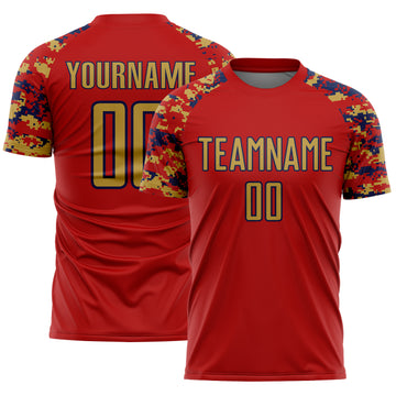 Custom Red Old Gold-Navy Digital Camo Raglan Sleeves Sublimation Soccer Uniform Jersey