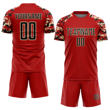 Custom Red Black-Cream Digital Camo Raglan Sleeves Sublimation Soccer Uniform Jersey