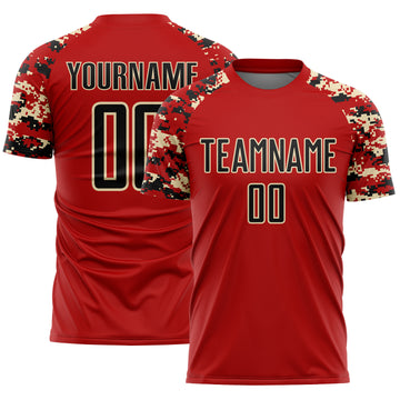 Custom Red Black-Cream Digital Camo Raglan Sleeves Sublimation Soccer Uniform Jersey