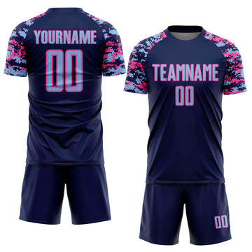 Custom Navy Light Blue-Pink Digital Camo Raglan Sleeves Sublimation Soccer Uniform Jersey